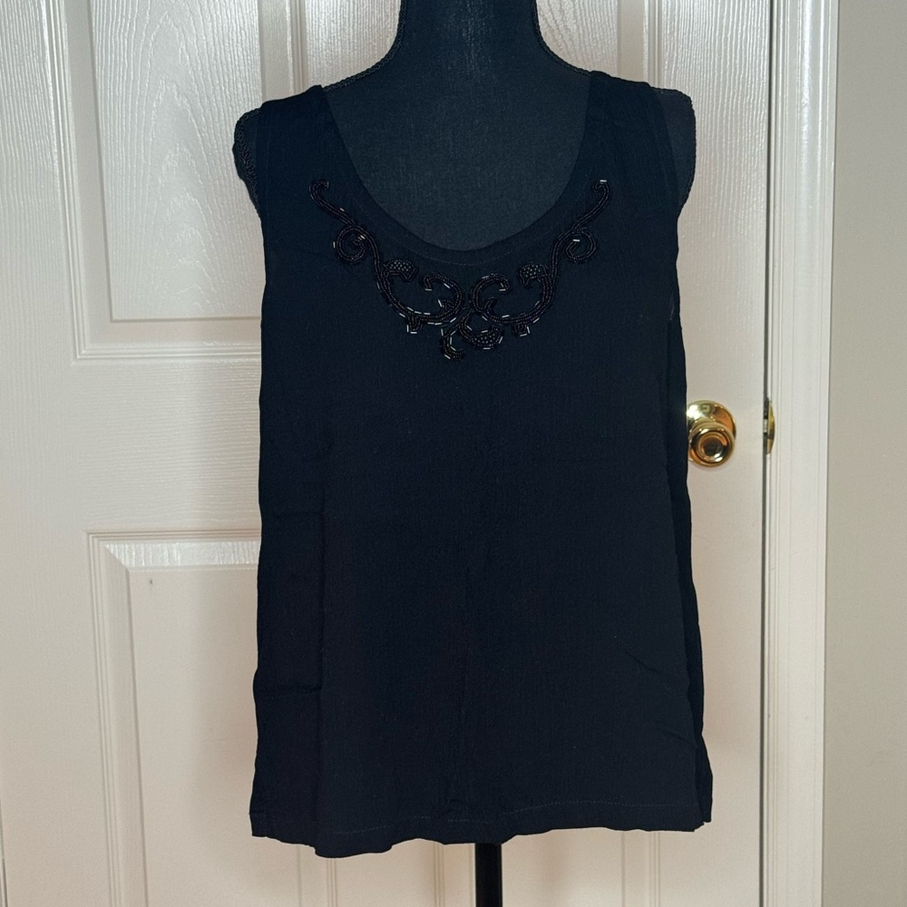 Surya Embellished Black Tank, Size M, Black, Rayon